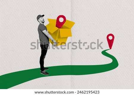 Composite collage picture image of man hold carry carton box world shipping unusual fantasy billboard comics zine