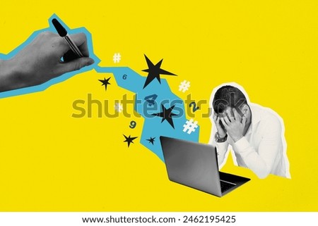 Composite collage picture image of tired man working hand writing workaholic weird freak bizarre unusual fantasy billboard