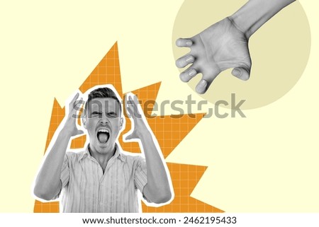 Composite collage picture image of scared man hand catch abuse violence unusual fantasy billboard comics zine