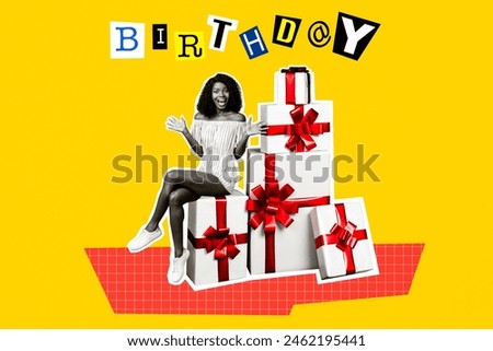 Composite collage picture image of pretty female celebrate pile gifts congratulation birthday weird freak bizarre unusual fantasy billboard