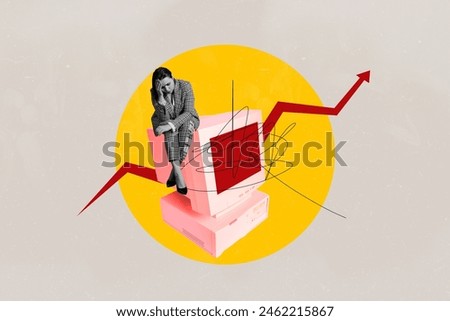 Creative collage of tired female sit monitor computer arrow point bankruptcy bizarre unusual fantasy billboard comics Royalty-Free Stock Photo #2462215867