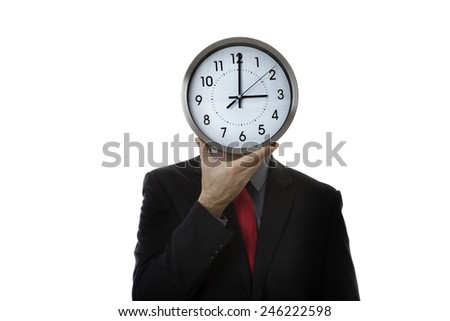 Businessman with a clock covering his face