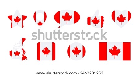 Icon set with star, heart, map, pin, speech bubble and thumb up of Canada flag colors. Symbols or signs isolated on white. Vector clipart elements, illustration of canadian event or national holidays.