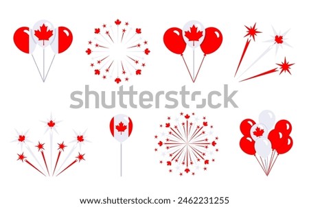 Round firework and bundle of balloons icon set of Canada flag colors isolated on white background. Vector clipart, illustration of national canadian holidays and festive event, flat signs or symbols.