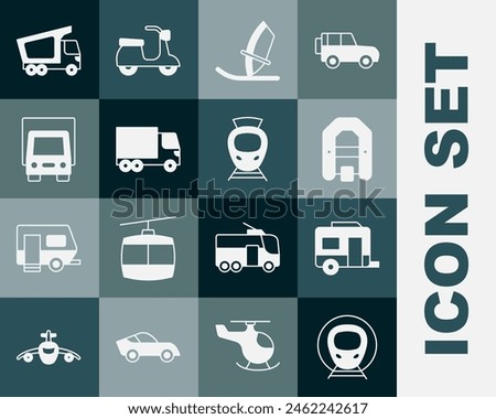 Set Train and railway, Rv Camping trailer, Rafting boat, Windsurfing, Delivery cargo truck,  and Tram icon. Vector