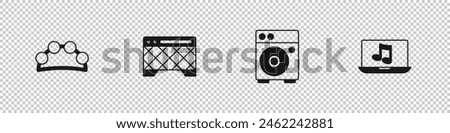 Set Tambourine, Guitar amplifier,  and Laptop with music icon. Vector