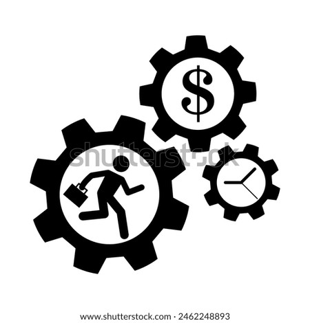 Productivity efficiency vector icon. Job performance concept. Business growth and development. Businessman entrepreneur running inside gear cogs. Isolated flat vector illustration.