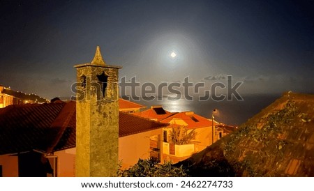 Night view of rooftops illuminated by moonlight, with the full moon reflecting on the ocean, creating a serene and picturesque scene