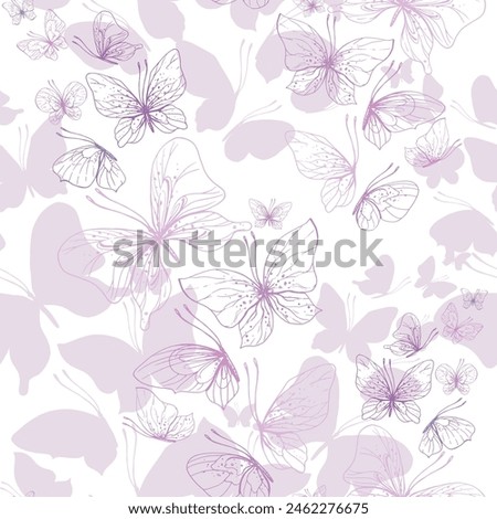 Butterflies are pink, blue, lilac, flying, delicate line art, clip art. Graphic illustration hand drawn in pink, lilac ink. Seamless pattern EPS vector