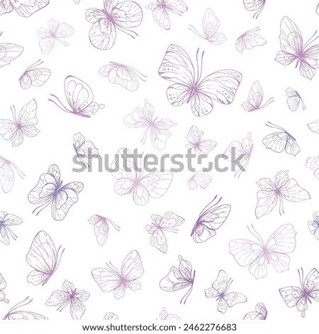 Butterflies are pink, blue, lilac, flying, delicate line art, clip art. Graphic illustration hand drawn in pink, lilac ink. Seamless pattern EPS vector