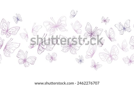 Butterflies are pink, blue, lilac, flying, delicate line art, clip art. Graphic illustration hand drawn in pink, lilac ink. Seamless board pattern EPS vector