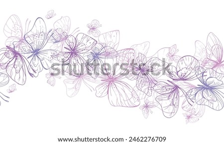 Butterflies are pink, blue, lilac, flying, delicate line art, clip art. Graphic illustration hand drawn in pink, lilac ink. Seamless board pattern EPS vector