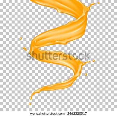 Organic juice twisting flow realistic vector illustration. Refreshing liquid. Orange drink swirl motion 3d object on transparent background