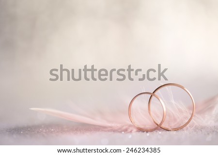 Two Golden Wedding Rings and  Feather - gentle soft background for marriage, retro toned Royalty-Free Stock Photo #246234385