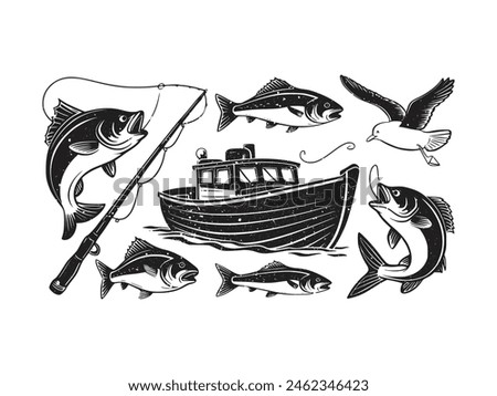 A black silhouette of a fish vector clip art. Design element for logo, boat, fishing hook, Fishing rod. Fish vector illustration. Vector template for Fishing.