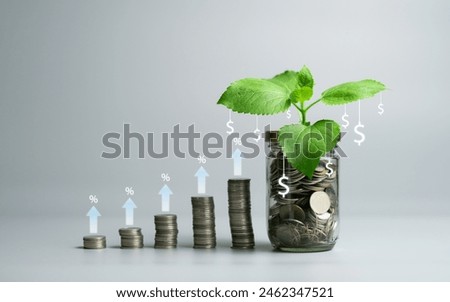 Investment and saving funds increasing rate concept, financial market growth and development showing glass jar full of coins. Gray isolated background copy space. New edit with graphical money icon.