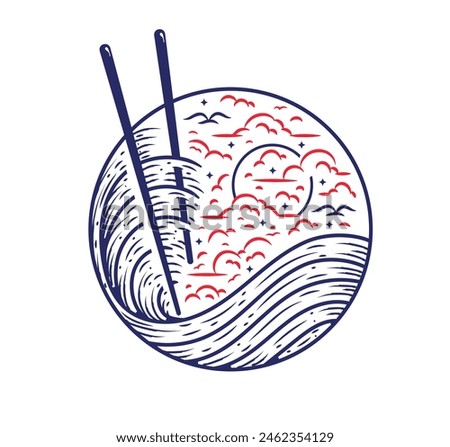 Vector Illustration Sea and Sky Ramen Noodles Style, Asian Japanese traditional food cuisine. Clip art, menu, poster, print, banner,  Logo