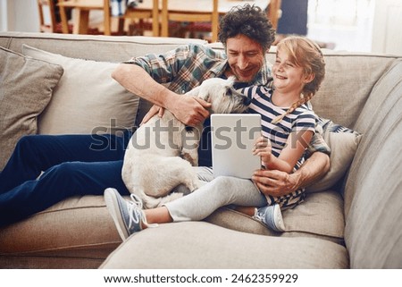 Sofa, tablet and father with child and dog in home for watching movies, cartoons and online entertainment. Family, love and dad with girl on digital tech for internet, videos and relax on weekend
