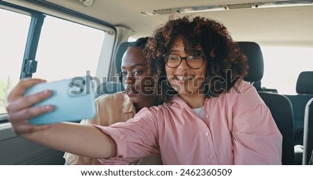 Selfie, social media and friends in car for road trip, travel or journey together on summer vacation. Smile, profile picture and pout with young women on mobile app in vehicle for holiday transport