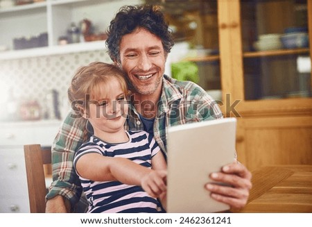 Happy, tablet and father with child in home for watching movies, cartoons and online entertainment. Family, love and dad with girl on digital tech for internet, videos and relax on weekend together