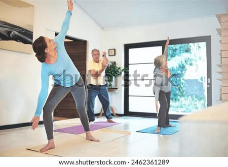 Senior, people and personal trainer with yoga exercise or fitness for healthy aging, self care and strength for pain management. Zen, triangle pose and stretching for stress reduction and mindfulness