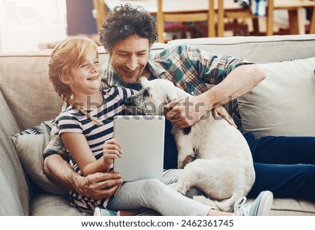 Happy, tablet and father with child and dog in home for watching movies, cartoons and online entertainment. Family, love and dad with girl on digital tech for internet, videos and relax on weekend