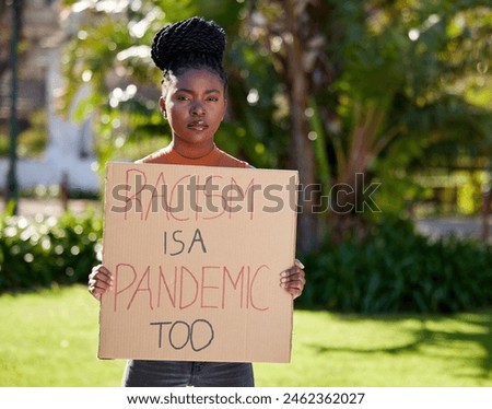 Portrait, social justice and activist as African girl with placard, outdoor and human rights for movement, strike and politics. Female person, demonstration and protest for equality on board or sign