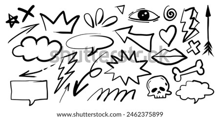 A set of doodles. Hand-drawn cute cartoon pencil sketches of decorative icons. Vector illustration. Hand drawn, not AI