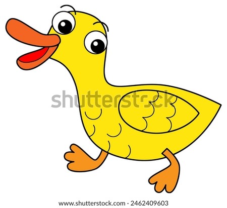 Cartoon happy farm animal cheerful duck bird running isolated background with sketch drawing illustration for kids