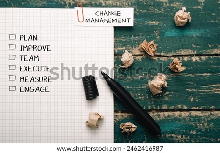 A piece of paper with a list of words and a black marker on it. The words are related to change management