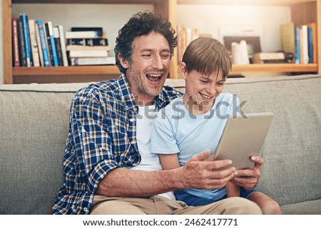 Happy, tablet and father with child on sofa for watching movies, cartoons and online entertainment. Family, love and dad with son on digital tech for internet, video call and relax on weekend in home