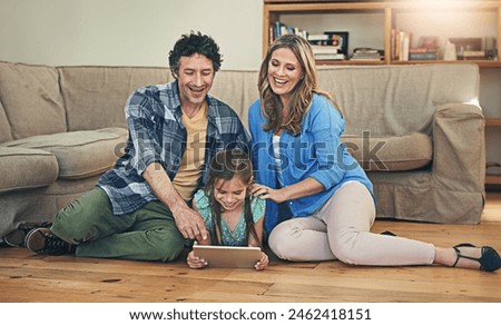 Happy, tablet and parents with child in home for watching movies, cartoons and online entertainment. Family, love and dad, mom and girl on digital tech for internet, videos and relax on weekend
