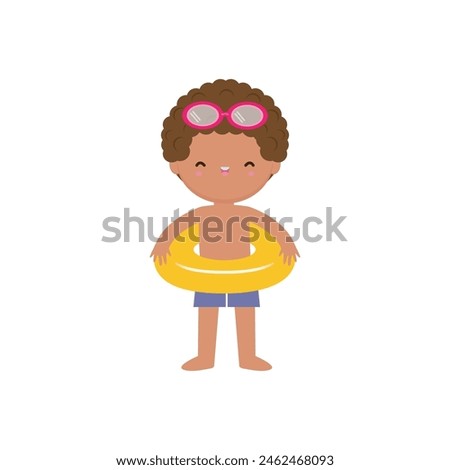 Cute kid wearing swimsuit with float ring on the beach, cartoon character flat style vector illustration on white background