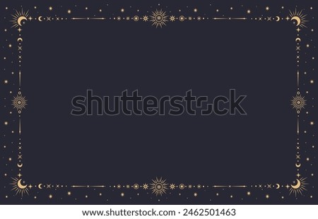 Fantasy mystic celestial frame. Vector background with golden border contains mystical esoteric sun, crescent moon and star symbols in boho style. Mystic, astrology, witchcraft space spiritual frame Royalty-Free Stock Photo #2462501463