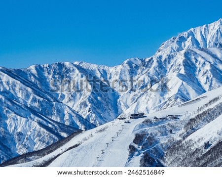 Happo One Ski Resort and the Northern Alps in Midwinter, Hakuba Village, Nagano Prefecture Royalty-Free Stock Photo #2462516849