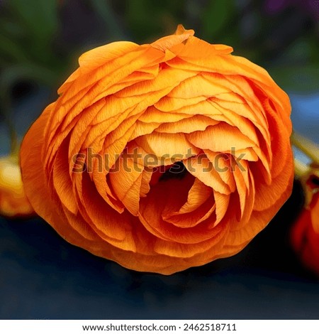 Beautiful ranunculus. Detailed patterns of flower buds. Top view, background, Macro shot of orange-yellow Persian buttercup flower. Selective focus. warm pattern background. Autumnal colors.