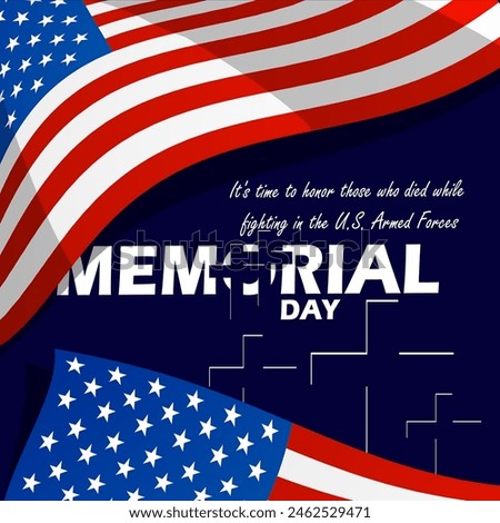 Memorial Day event banner. United States flags with crosses on dark blue background to commemorate on May 27th