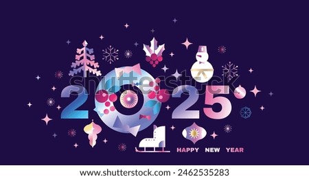Merry Christmas and Happy New Year 2025  holiday template neon gradient design banner, card  Gifts, Santa, ball toy, christmas tree, snowflake Modern Xmas flat cartoon  vector illustration