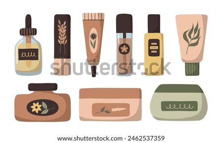 Set of vector flat organic skincare products isolated on white background