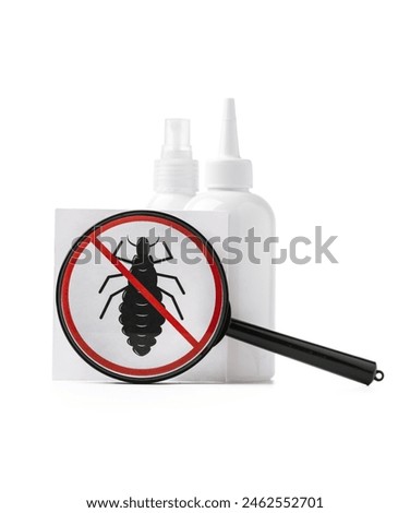 Cosmetic products, lice comb and magnifying glass isolated on white