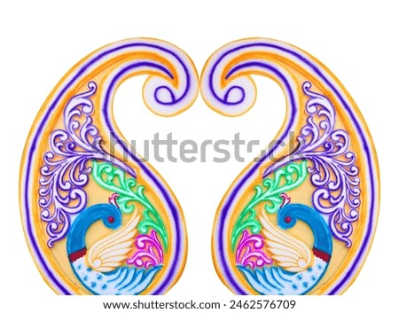 The Thermocol colorful Art decoration in Indian wedding. Peacock Stage Background Design. White background.