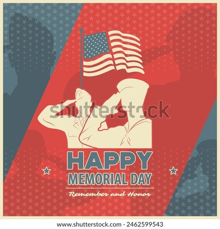 Memorial day poster design template. US Army soldiers saluting on American flag background. Vector illustration