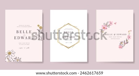sweet elegant pink botanical Wedding Invitation, floral invite thank you, rsvp modern card Design in leaf and flower water color texture decorative Vector elegant rustic template