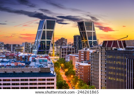 Madrid, Spain financial district skyline at twilight viewed towards the Gates of Europe. Royalty-Free Stock Photo #246261865