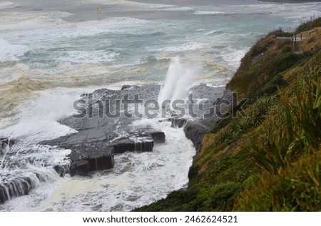 High angle view of blasts of water coming from the blowhole at Muriwai Beach. Auckland. Royalty-Free Stock Photo #2462624521