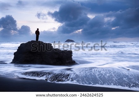 Man standing on rocks and looking at the stormy sea. Oaia Island in the distance. Muriwai Beach. Auckland. Royalty-Free Stock Photo #2462624525