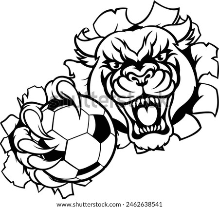 A panther cougar or jaguar cat animal sports mascot holding soccer football ball breaking through the background with its claws