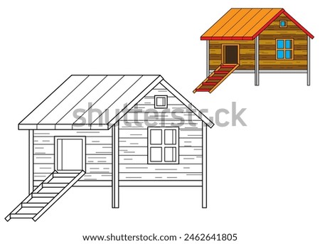 cartoon scene with farm ranch chicken coop coloring page drawing isolated background with colorful preview illustration for kids