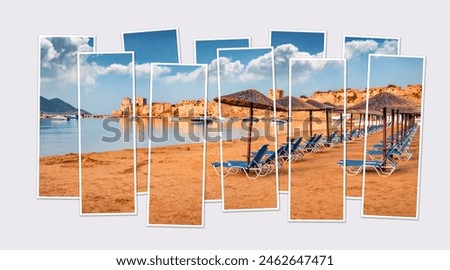 Isolated ten frames collage of picture of Methonis beach with Methoni Castle on background. Marvelous morning seascape of Ionian sea, Peloponnese peninsula, Greece. Mock-up of modular photo.