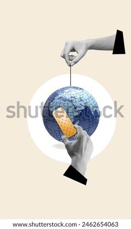 Collage picture of hand hold planet earth